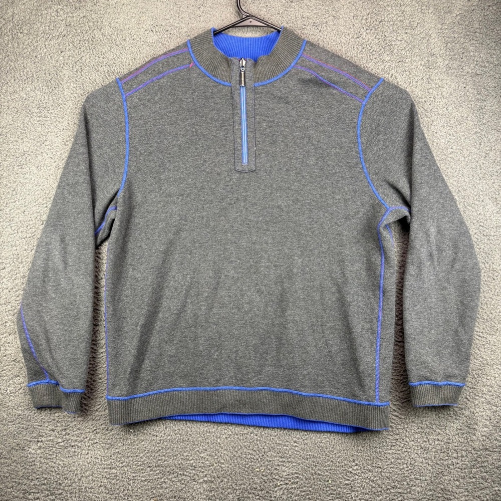 Tommy Bahama Mens Gray Quarter‎ Zip Pullover Sweater Knit Trim Blue Size L